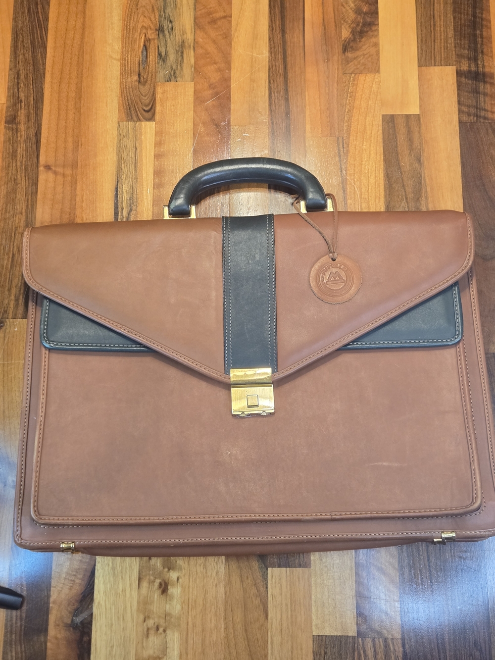 Mipelle Leather Briefcase 16.5" Attaché Two-Tone Green & Tan